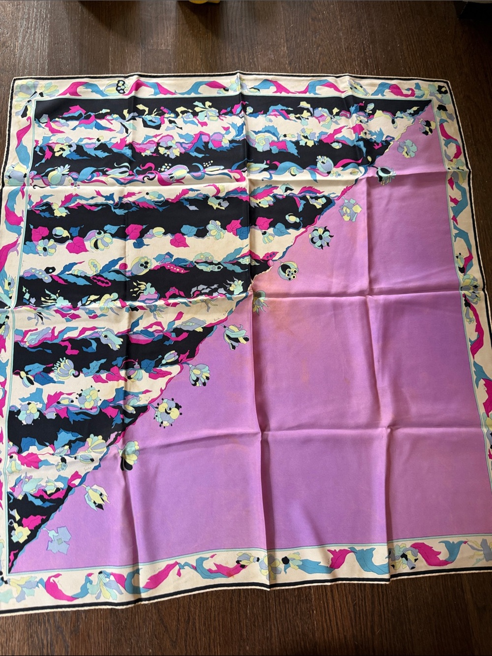 Vintage Emilio Pucci Pink, Black & Cream Silk Floral-Print Scarf